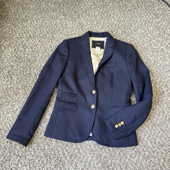 J Crew Women's Schoolboy Blazer Navy Blue Gold Buttons Size 00 Preppy Wool Blend - Picture 2 of 5
